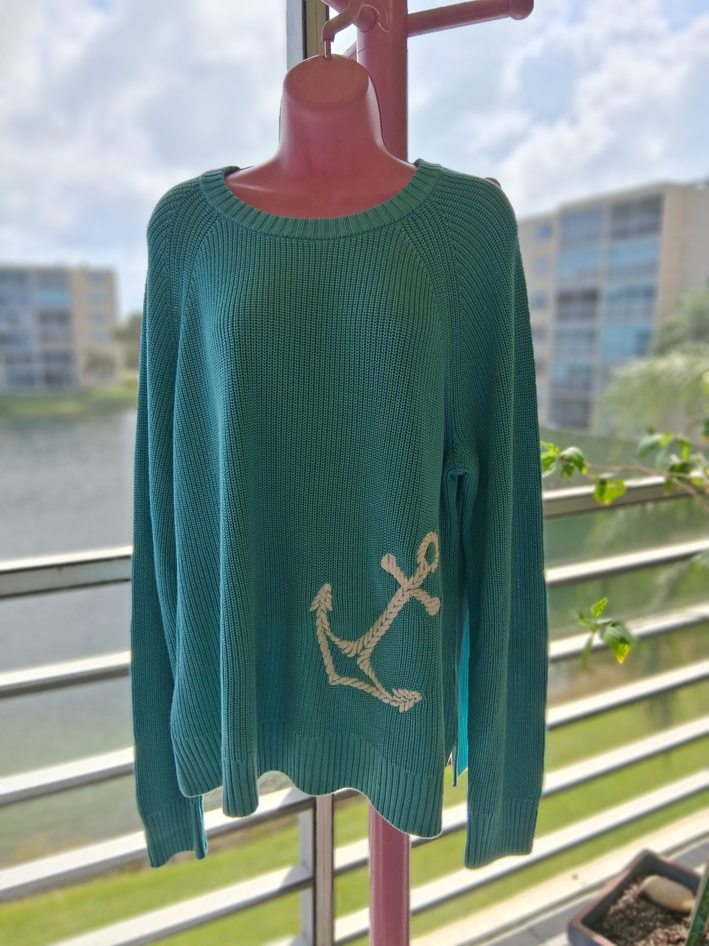 Belle by Kim Gravel Teal Knit Crewneck Sweater with White Anchor